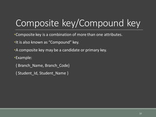 Composite key/Compound key
•Composite key is a combination of more than one attributes.
•It is also known as “Compound” key.
•A composite key may be a candidate or primary key.
•Example:
{ Branch_Name, Branch_Code}
{ Student_Id, Student_Name }
31
 