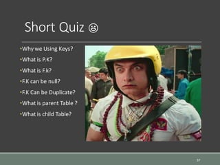 Short Quiz
•Why we Using Keys?
•What is P.K?
•What is F.k?
•F.K can be null?
•F.K Can be Duplicate?
•What is parent Table ?
•What is child Table?
37

 