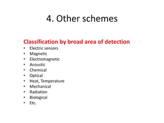 4. Other schemes
Classification by broad area of detection
• Electric sensors
• Magnetic
• Electromagnetic
• Acoustic
• Chemical
• Optical
• Heat, Temperature
• Mechanical
• Radiation
• Biological
• Etc.
 