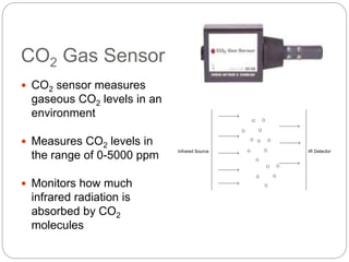 CO2 Gas Sensor
 CO2 sensor measures
gaseous CO2 levels in an
environment
 Measures CO2 levels in
the range of 0-5000 ppm
 Monitors how much
infrared radiation is
absorbed by CO2
molecules
Infrared Source IR Detector
 