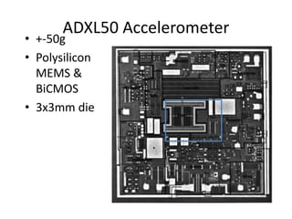 ADXL50 Accelerometer
• +-50g
• Polysilicon
MEMS &
BiCMOS
• 3x3mm die
 