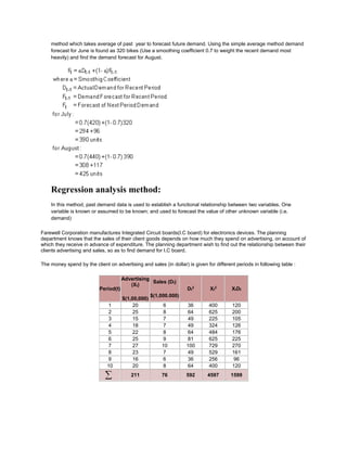 method which takes average of past year to forecast future demand. Using the simple average method demand
forecast for June is found as 320 bikes (Use a smoothing coefficient 0.7 to weight the recent demand most
heavily) and find the demand forecast for August.
Regression analysis method:
In this method, past demand data is used to establish a functional relationship between two variables. One
variable is known or assumed to be known; and used to forecast the value of other unknown variable (i.e.
demand)
Farewell Corporation manufactures Integrated Circuit boards(I.C board) for electronics devices. The planning
department knows that the sales of their client goods depends on how much they spend on advertising, on account of
which they receive in advance of expenditure. The planning department wish to find out the relationship between their
clients advertising and sales, so as to find demand for I.C board.
The money spend by the client on advertising and sales (in dollar) is given for different periods in following table :
Period(t)
Advertising
(Xt)
$(1,00,000)
Sales (Dt)
$(1,000.000)
Dt
2
Xt
2
XtDt
1 20 6 36 400 120
2 25 8 64 625 200
3 15 7 49 225 105
4 18 7 49 324 126
5 22 8 64 484 176
6 25 9 81 625 225
7 27 10 100 729 270
8 23 7 49 529 161
9 16 6 36 256 96
10 20 8 64 400 120
211 76 592 4597 1599
 