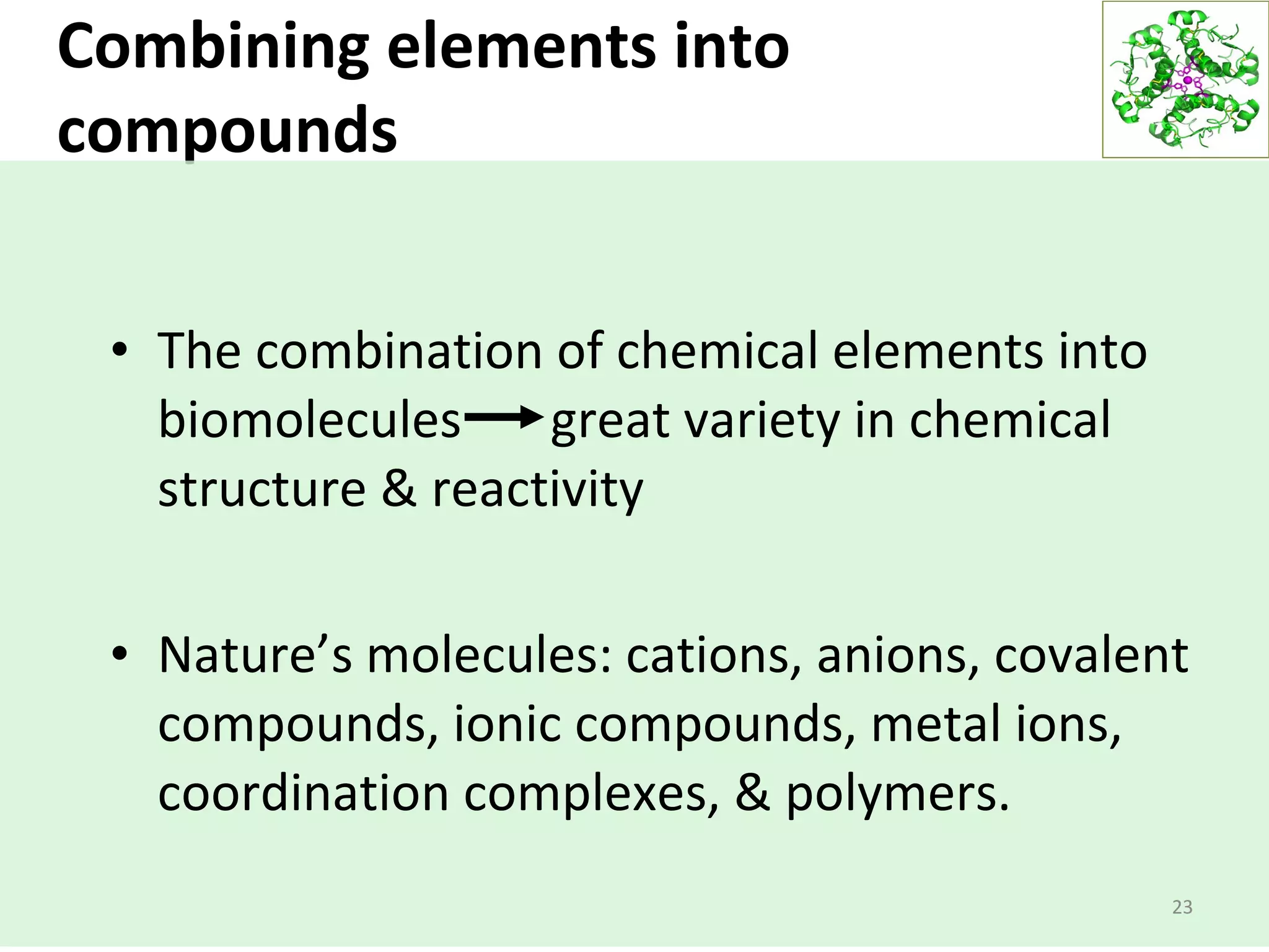 Combining elements into
compounds
23
• The combination of chemical elements into
biomolecules great variety in chemical
structure & reactivity
• Nature’s molecules: cations, anions, covalent
compounds, ionic compounds, metal ions,
coordination complexes, & polymers.
 