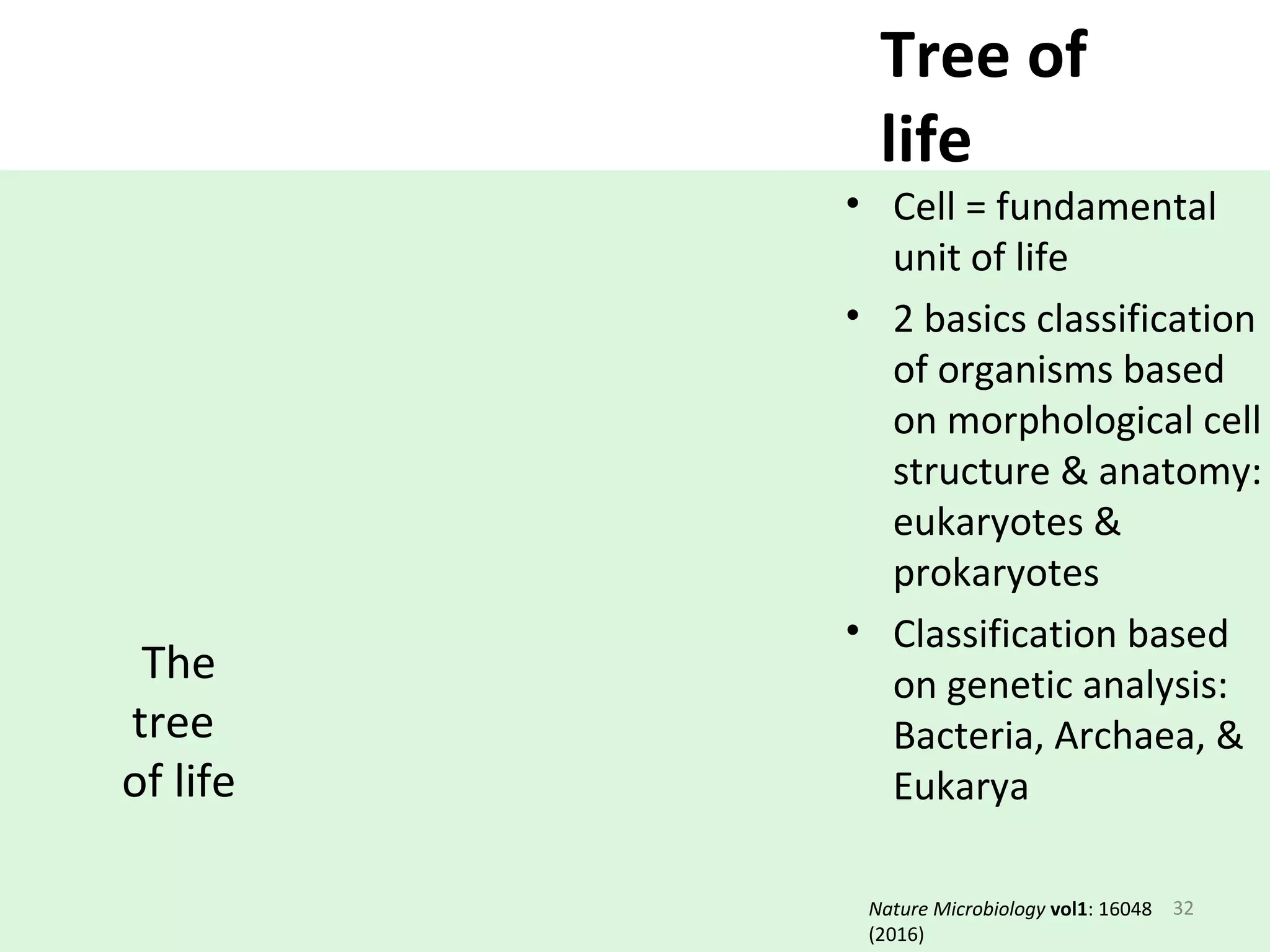 Tree of
life
• Cell = fundamental
unit of life
• 2 basics classification
of organisms based
on morphological cell
structure & anatomy:
eukaryotes &
prokaryotes
• Classification based
on genetic analysis:
Bacteria, Archaea, &
Eukarya
32
The
tree
of life
Nature Microbiology vol1: 16048
(2016)
 