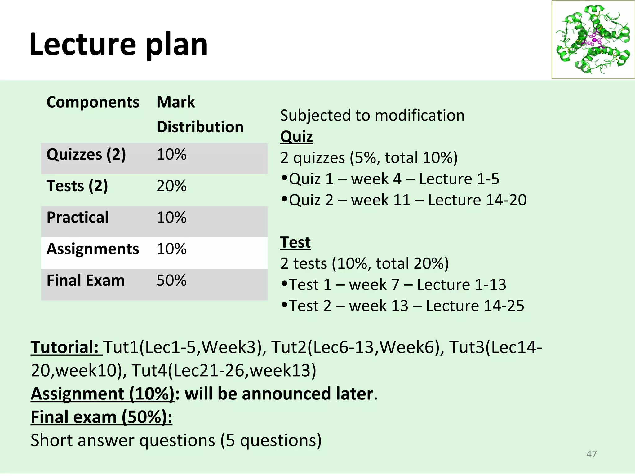 Lecture plan
47
Components Mark
Distribution
Quizzes (2) 10%
Tests (2) 20%
Practical 10%
Assignments 10%
Final Exam 50%
Subjected to modification
Quiz
2 quizzes (5%, total 10%)
•Quiz 1 – week 4 – Lecture 1-5
•Quiz 2 – week 11 – Lecture 14-20
Test
2 tests (10%, total 20%)
•Test 1 – week 7 – Lecture 1-13
•Test 2 – week 13 – Lecture 14-25
Tutorial: Tut1(Lec1-5,Week3), Tut2(Lec6-13,Week6), Tut3(Lec14-
20,week10), Tut4(Lec21-26,week13)
Assignment (10%): will be announced later.
Final exam (50%):
Short answer questions (5 questions)
 