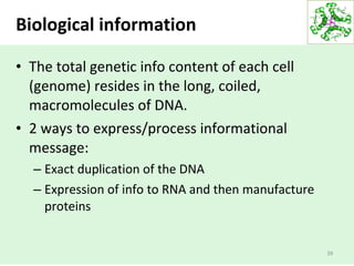 Biological information
• The total genetic info content of each cell
(genome) resides in the long, coiled,
macromolecules of DNA.
• 2 ways to express/process informational
message:
– Exact duplication of the DNA
– Expression of info to RNA and then manufacture
proteins
39
 