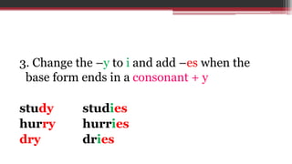 3. Change the –y to i and add –es when the
base form ends in a consonant + y
study studies
hurry hurries
dry dries
 