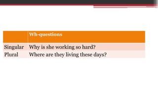 Wh-questions
Singular Why is she working so hard?
Plural Where are they living these days?
 