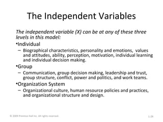 The Independent Variables
The independent variable (X) can be at any of these three
levels in this model:
•Individual
– Biographical characteristics, personality and emotions, values
and attitudes, ability, perception, motivation, individual learning
and individual decision making.
•Group
– Communication, group decision making, leadership and trust,
group structure, conflict, power and politics, and work teams.
•Organization System
– Organizational culture, human resource policies and practices,
and organizational structure and design.
© 2009 Prentice-Hall Inc. All rights reserved. 1-29
 