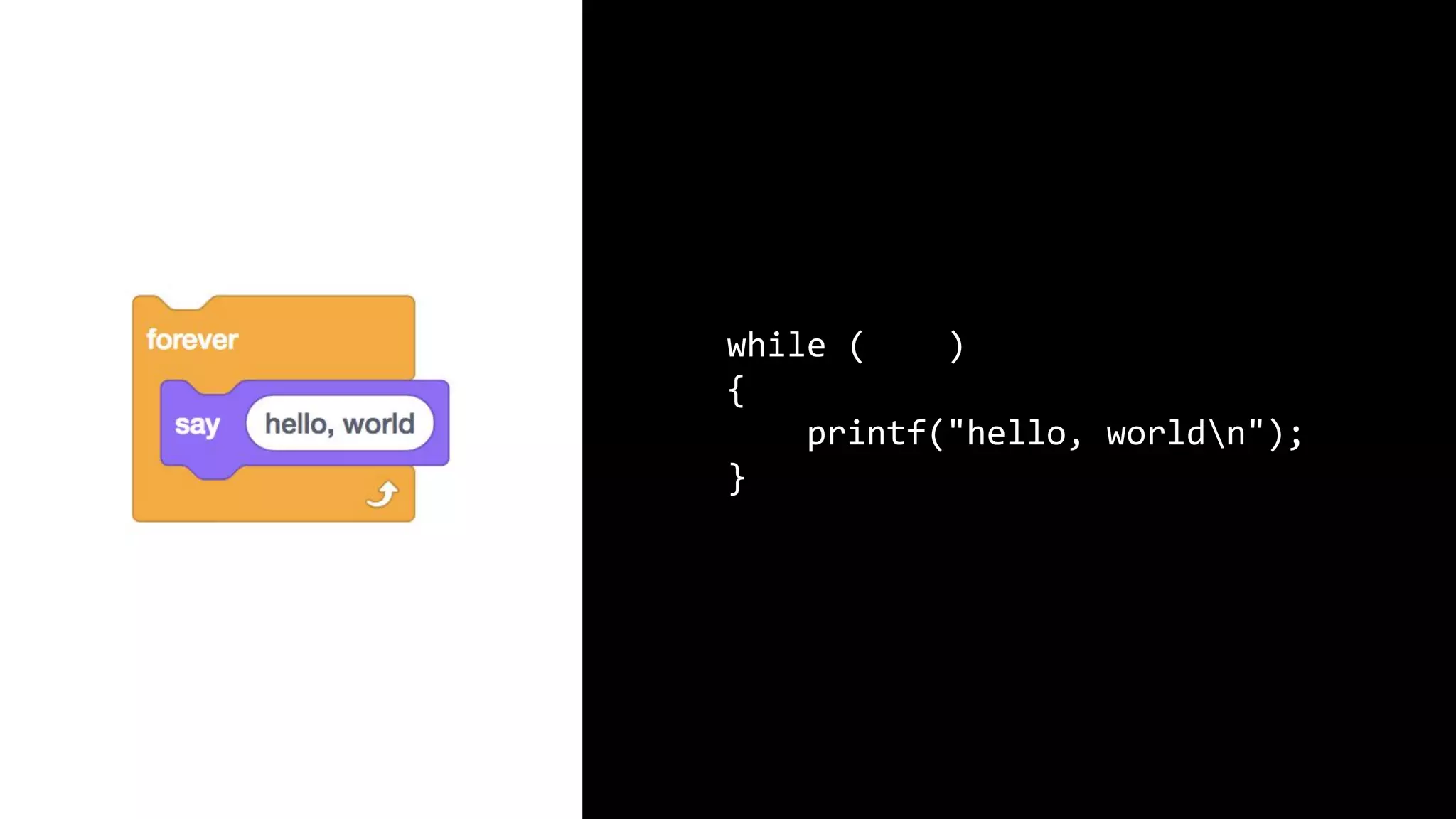 while (true) { printf("hello, worldn"); } 