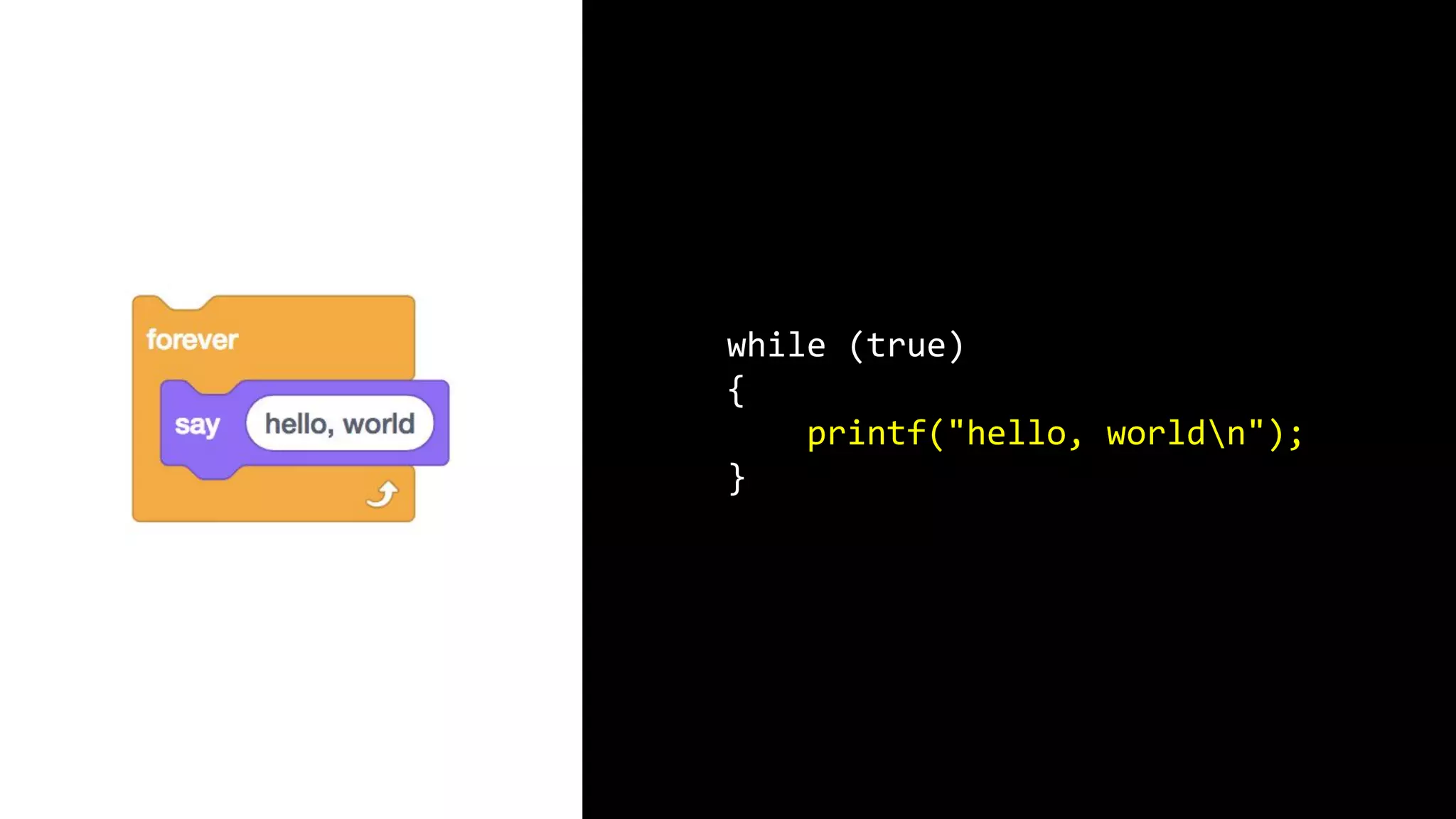 while (true) { printf("hello, worldn"); } 