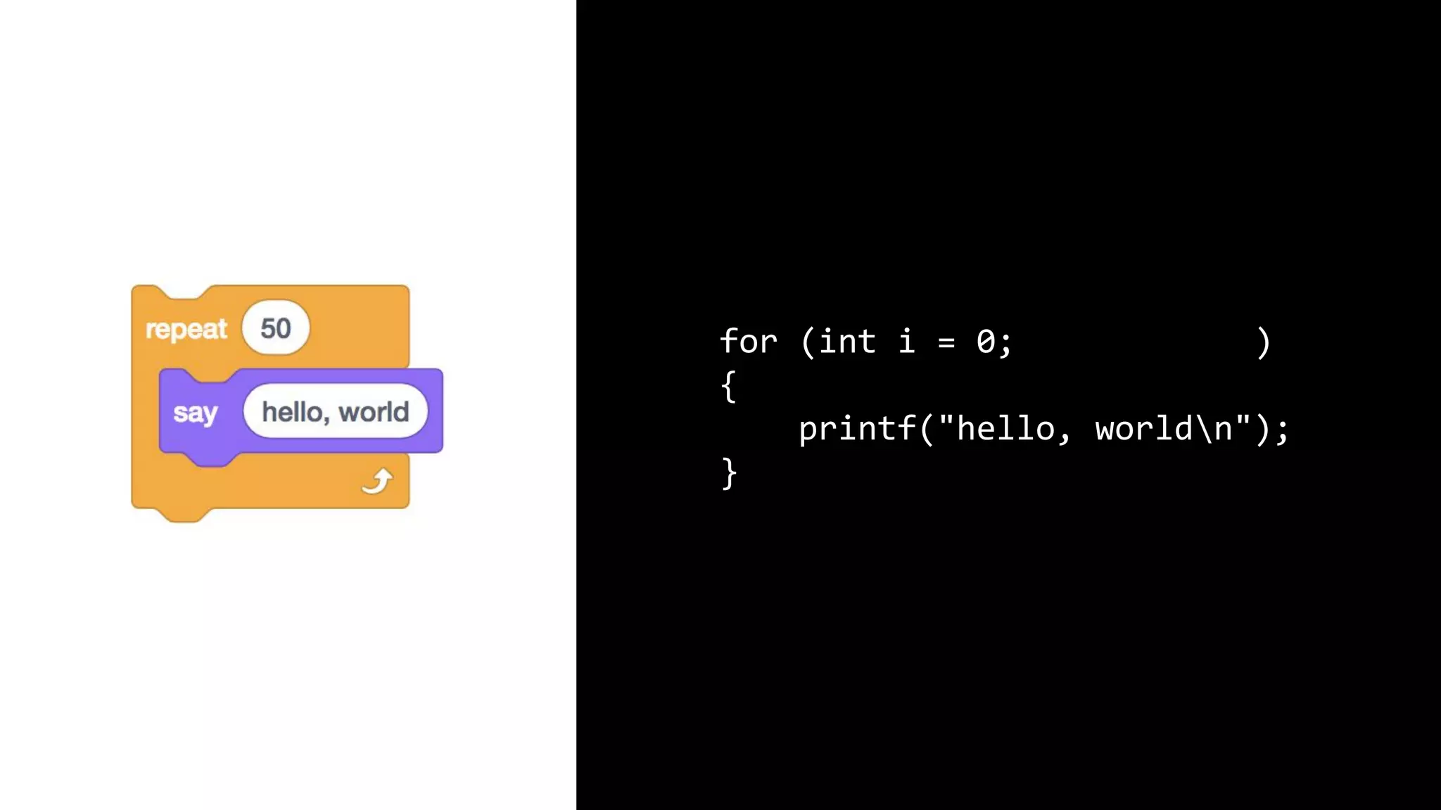 for (int i = 0; i < 50; i++) { printf("hello, worldn"); } 