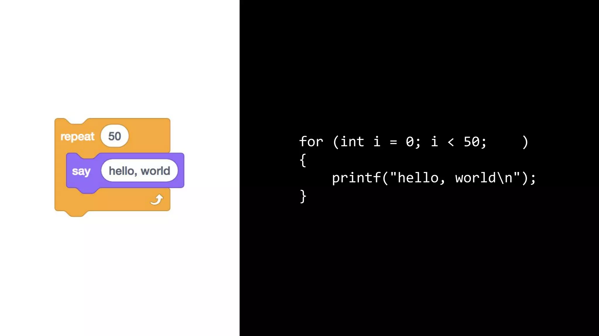 for (int i = 0; i < 50; i++) { printf("hello, worldn"); } 