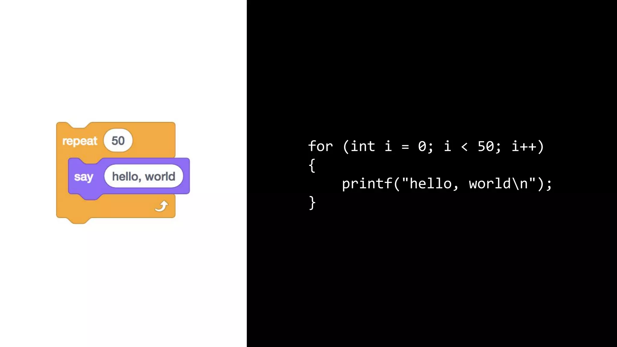for (int i = 0; i < 50; i++) { printf("hello, worldn"); } 