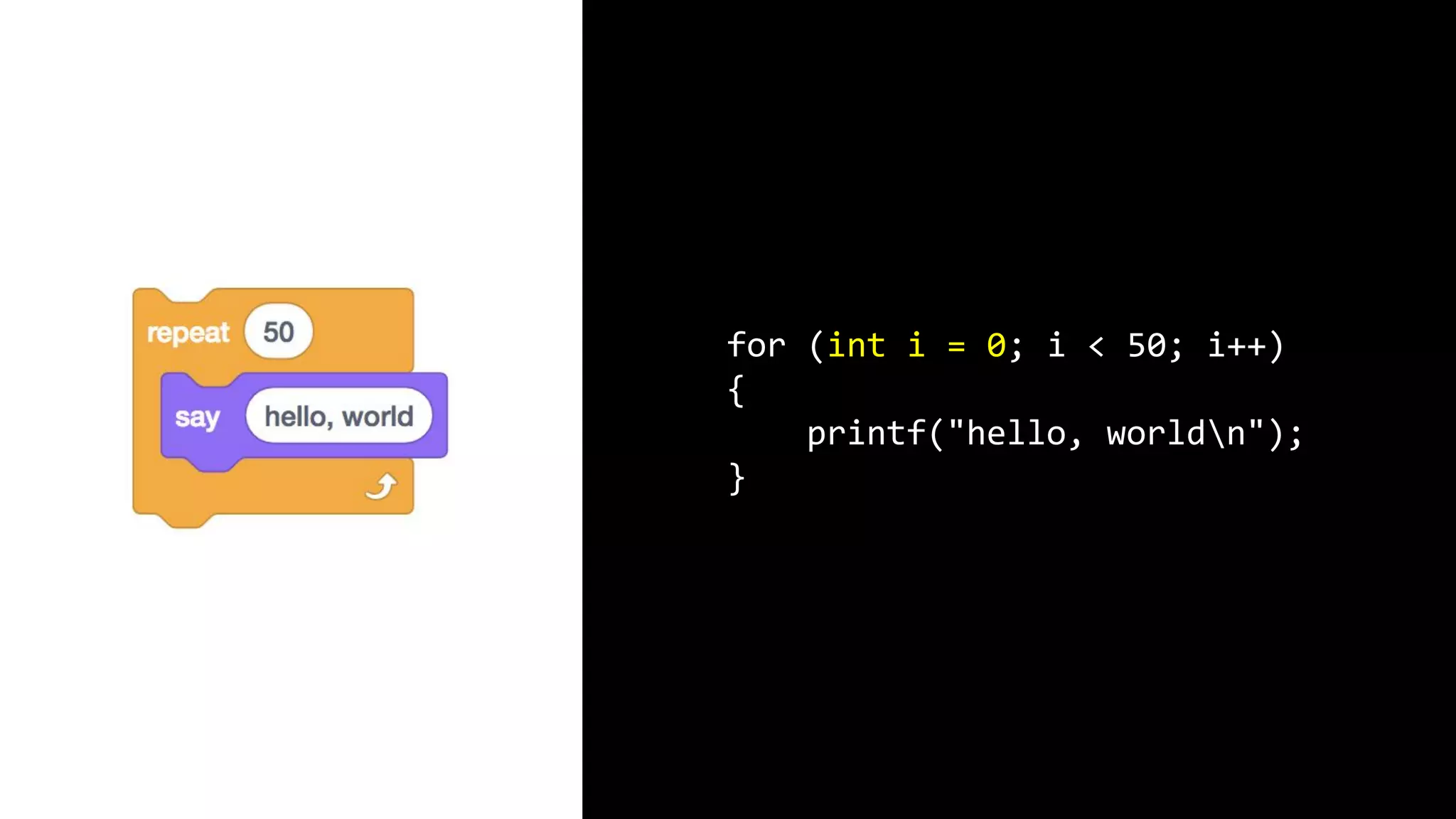 for (int i = 0; i < 50; i++) { printf("hello, worldn"); } 