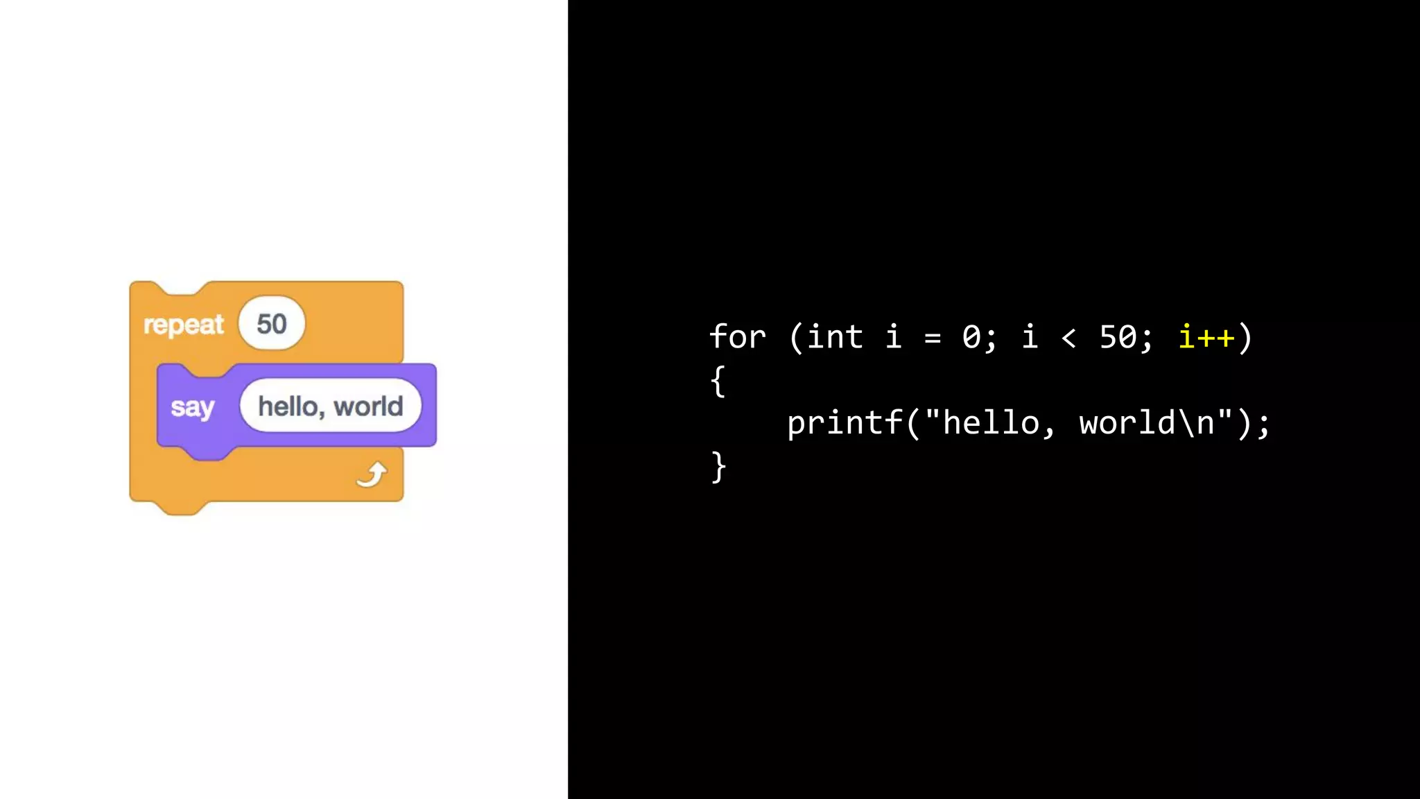 for (int i = 0; i < 50; i++) { printf("hello, worldn"); } 