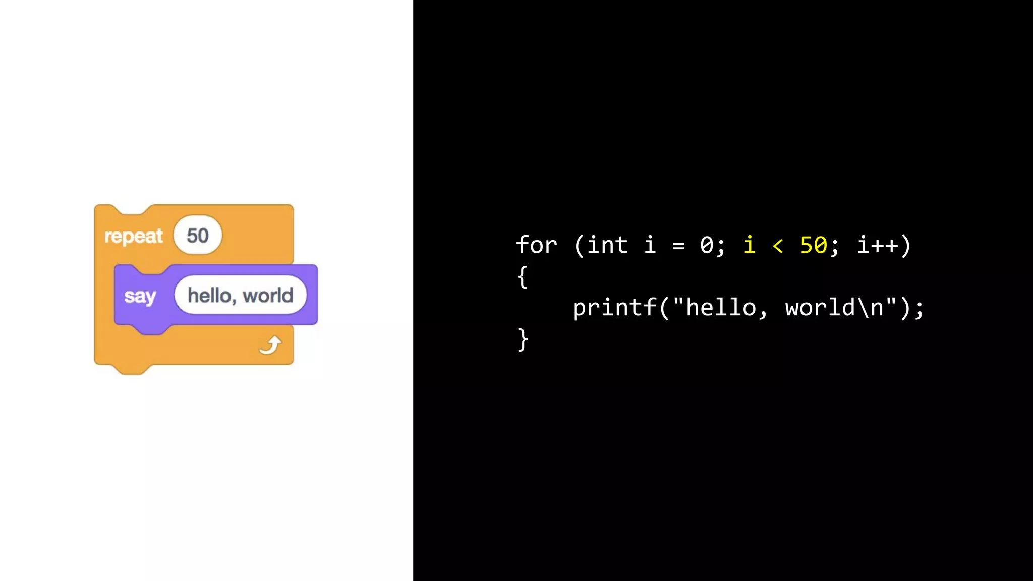 for (int i = 0; i < 50; i++) { printf("hello, worldn"); } 