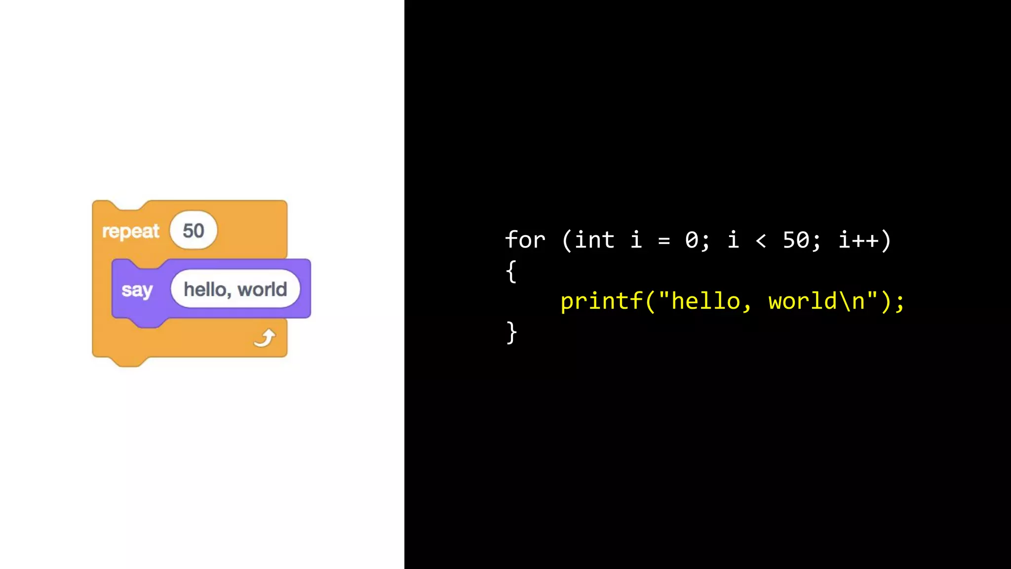 for (int i = 0; i < 50; i++) { printf("hello, worldn"); } 