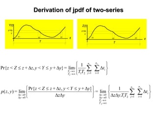 Derivation ofDerivation of jpdfjpdf of twoof two--seriesseries
Z(t)
t
z
z+dz
dt1 dt2 dt3
T
Y(t)
t
y
y+dy
dt1 dt2 dt3
T
⎭
⎬
⎫
⎩
⎨
⎧
∆
∆∆⎭
⎬
⎫
⎩
⎨
⎧
∆∆
∆≤∆≤
⎭
⎬
⎫
⎩
⎨
⎧
∆∆≤∆≤
∑∑
∑∑
==
∞→
∞→
→∆
→∆
→∆
→∆
==∞→
∞→
yz
yz
n
i
i
n
j
T
T
0y
0z
0y
0z
n
i
i
n
jT
T
t
TTyz
=
yz
y+yY<yz+zZ<z
=yzp
t
TT
=y+yY<yz+zZ<z
1121
1121
.
1
lim
},Pr{
lim),(
1
lim},Pr{
2
1
2
1
 