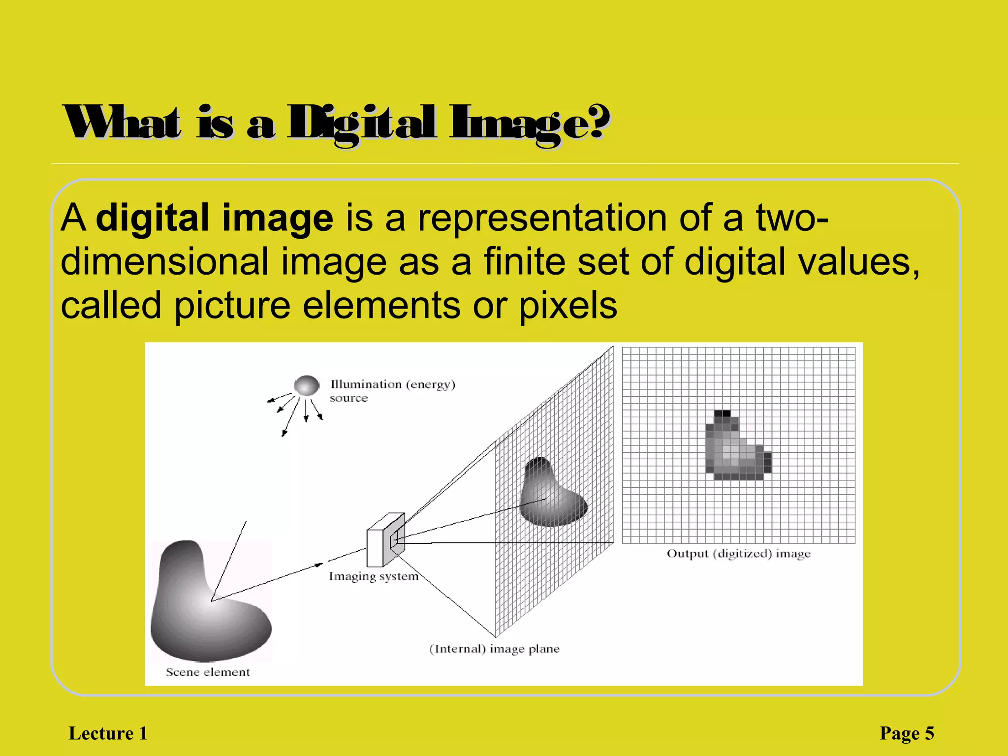 What is a Digital Image?What is a Digital Image?
A digital image is a representation of a two-
dimensional image as a finite set of digital values,
called picture elements or pixels
Lecture 1 Page 5
 