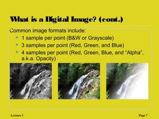 What is a Digital Image? (cont.)What is a Digital Image? (cont.)
Common image formats include:
 1 sample per point (B&W or Grayscale)
 3 samples per point (Red, Green, and Blue)
 4 samples per point (Red, Green, Blue, and “Alpha”,
a.k.a. Opacity)
Lecture 1 Page 7
 