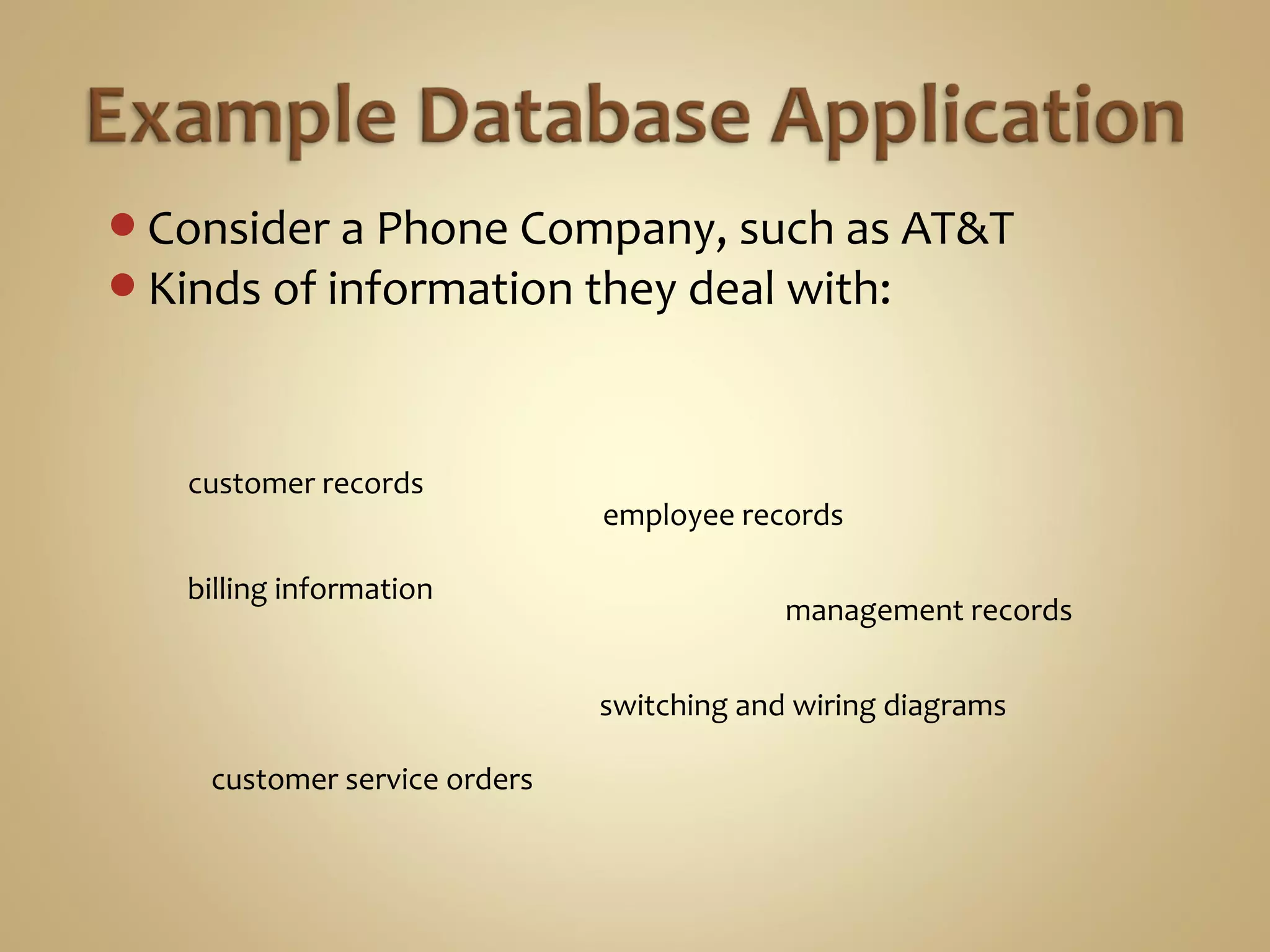 Consider a Phone Company, such as AT&T
Kinds of information they deal with:
customer records
billing information
employee records
management records
customer service orders
switching and wiring diagrams
 