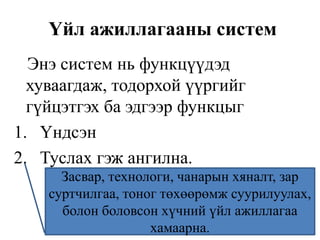 Үйл ажиллагааны систем
Энэ систем нь функцүүдэд
хуваагдаж, тодорхой үүргийг
гүйцэтгэх ба эдгээр функцыг
1. Үндсэн
2. Туслах гэж ангилна.
Засвар, технологи, чанарын хяналт, зар
суртчилгаа, тоног төхөөрөмж суурилуулах,
болон боловсон хүчний үйл ажиллагаа
хамаарна.
 