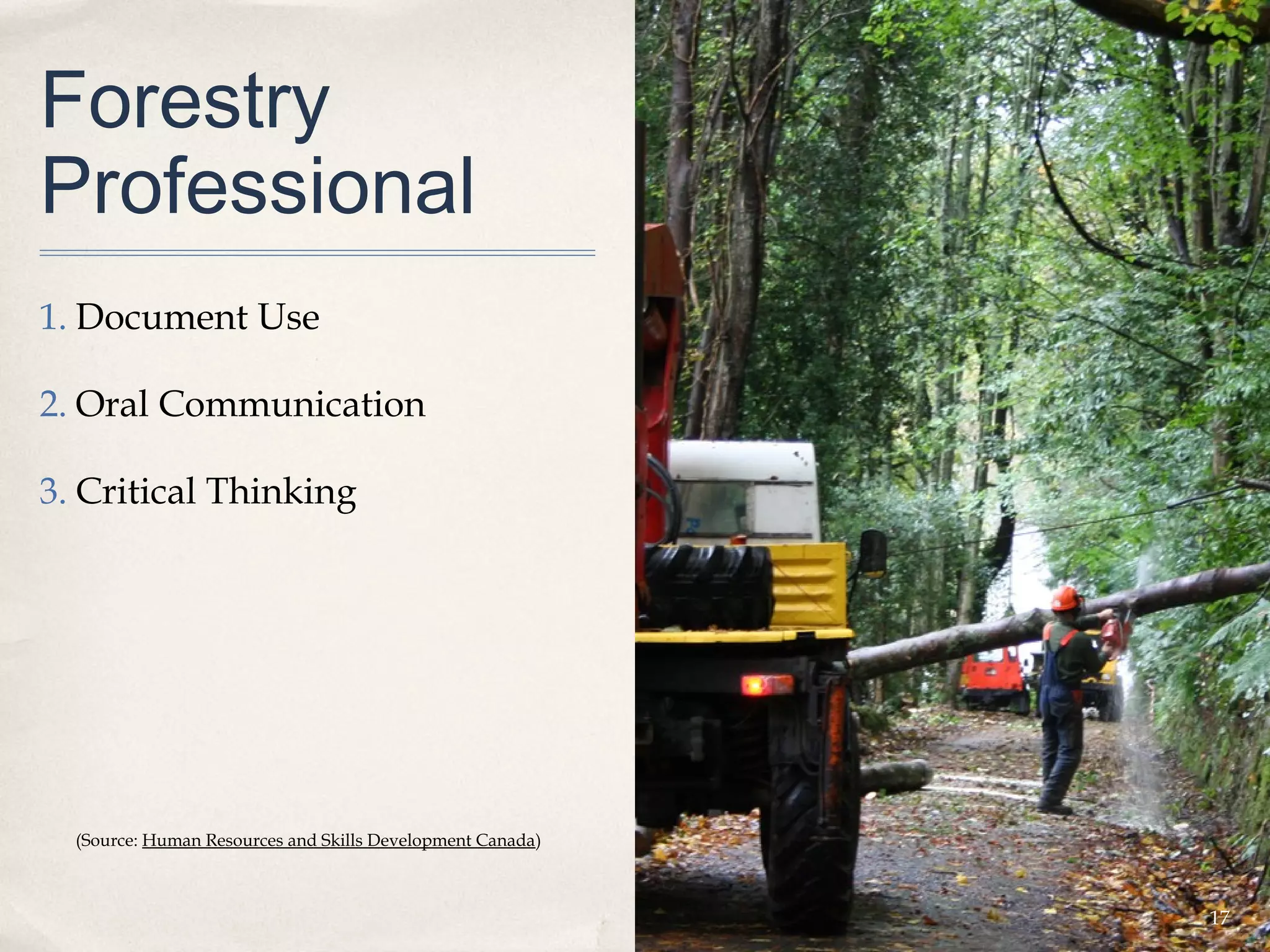 Forestry
Professional
1. Document Use

2. Oral Communication

3. Critical Thinking




  (Source: Human Resources and Skills Development Canada)



                                                            17
 