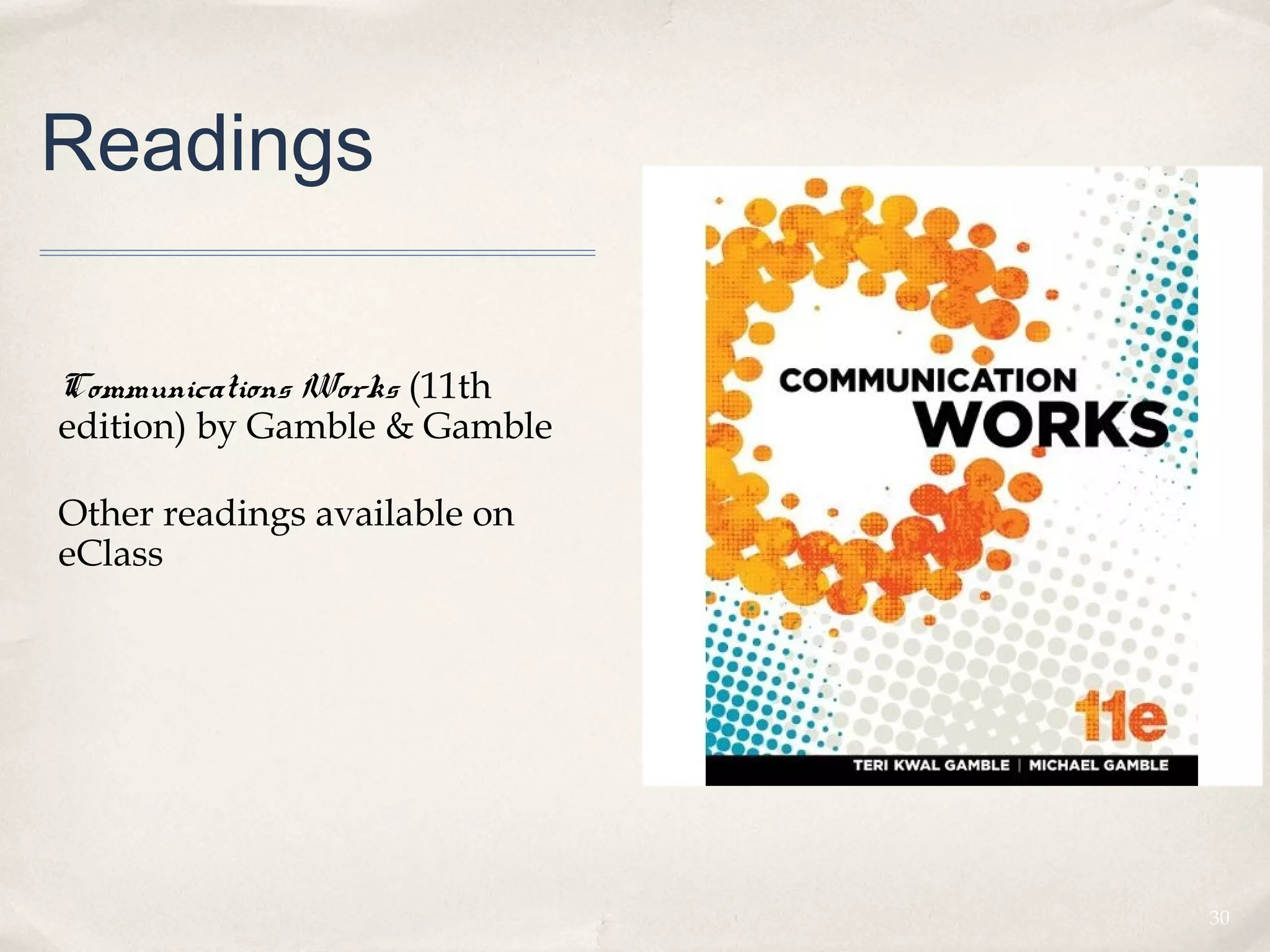 Readings

Communications Works (11th
edition) by Gamble & Gamble

Other readings available on
eClass




                              30
 