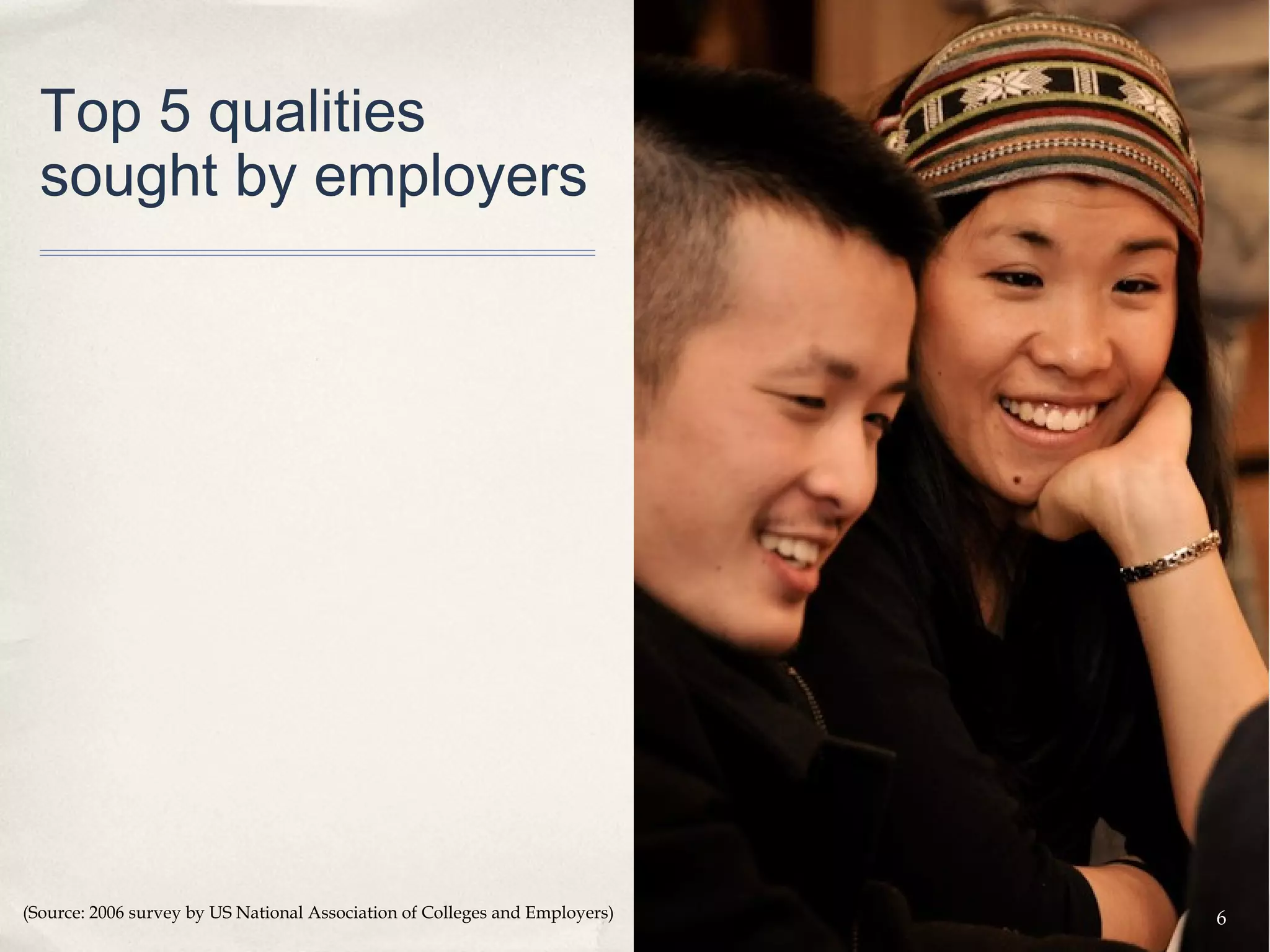 Top 5 qualities
  sought by employers




(Source: 2006 survey by US National Association of Colleges and Employers)   6
 