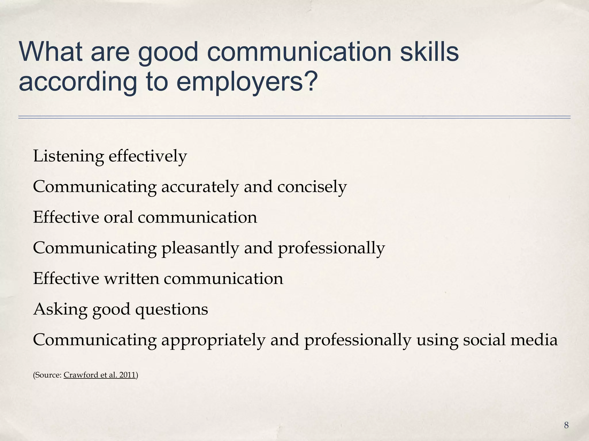 What are good communication skills
according to employers?

 Listening effectively
 Communicating accurately and concisely
 Effective oral communication
 Communicating pleasantly and professionally
 Effective written communication
 Asking good questions
 Communicating appropriately and professionally using social media
 (Source: Crawford et al. 2011)




                                                                     8
 