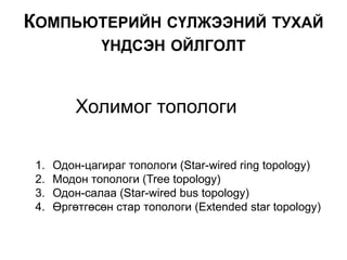 Холимог топологи
1. Одон-цагираг топологи (Star-wired ring topology)
2. Модон топологи (Tree topology)
3. Одон-салаа (Star-wired bus topology)
4. Өргөтгөсөн стар топологи (Extended star topology)
КОМПЬЮТЕРИЙН СҮЛЖЭЭНИЙ ТУХАЙ
ҮНДСЭН ОЙЛГОЛТ
 
