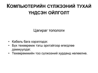 Цагираг топологи
• Кабель бага хэрэглэдэг.
• Бүх төхөөрөмж тэгш эрхтэйгээр өгөгдлөө
дамжуулдаг.
• Төхөөрөмжийн тоо сүлжээний хурданд нөлөөлнө.
КОМПЬЮТЕРИЙН СҮЛЖЭЭНИЙ ТУХАЙ
ҮНДСЭН ОЙЛГОЛТ
 