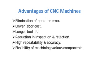 Advantages of CNC Machines
Elimination of operator error.
Lower labor cost.
Longer tool life.
Reduction in inspection & rejection.
High repeatability & accuracy.
Flexibility of machining various components.
 