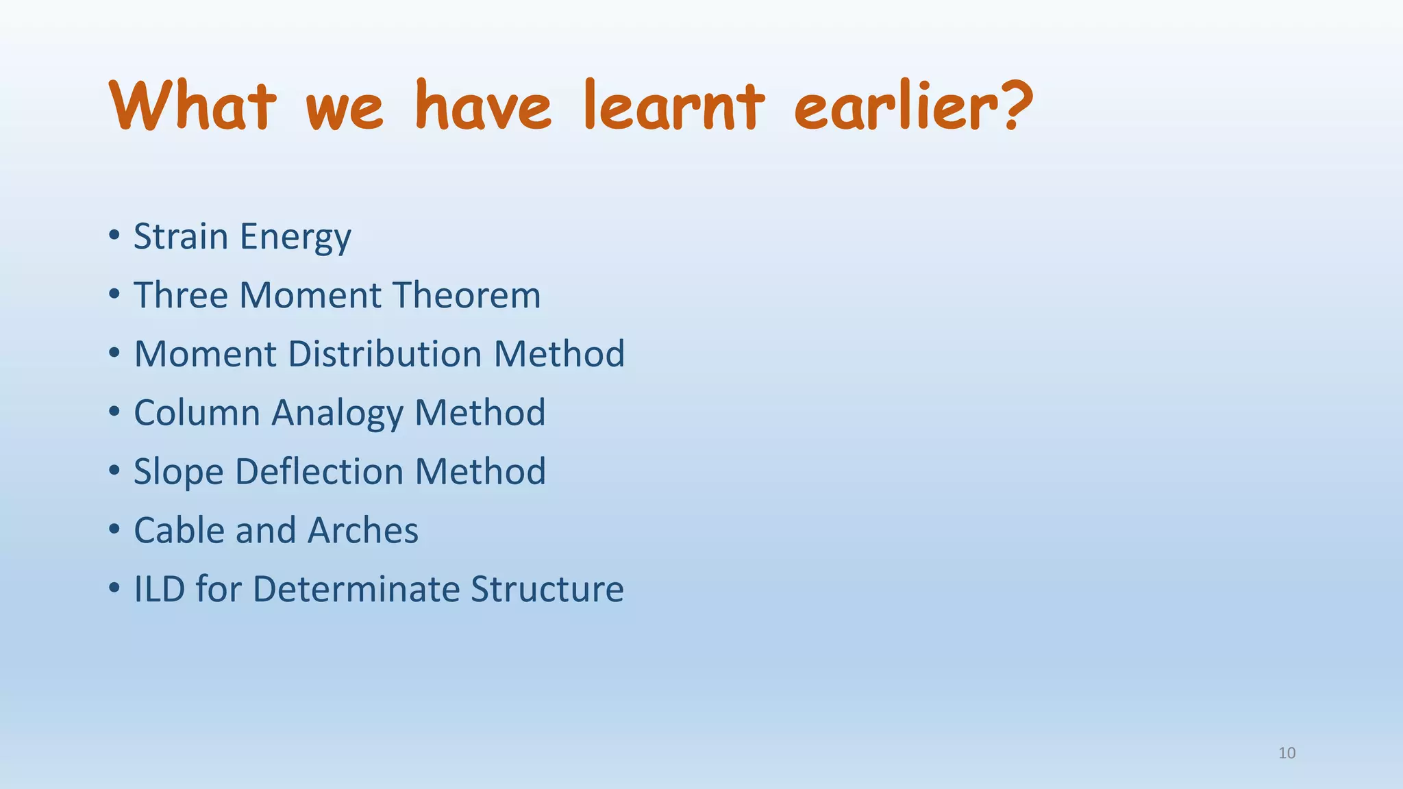 What we have learnt earlier?
• Strain Energy
• Three Moment Theorem
• Moment Distribution Method
• Column Analogy Method
• Slope Deflection Method
• Cable and Arches
• ILD for Determinate Structure
10
 