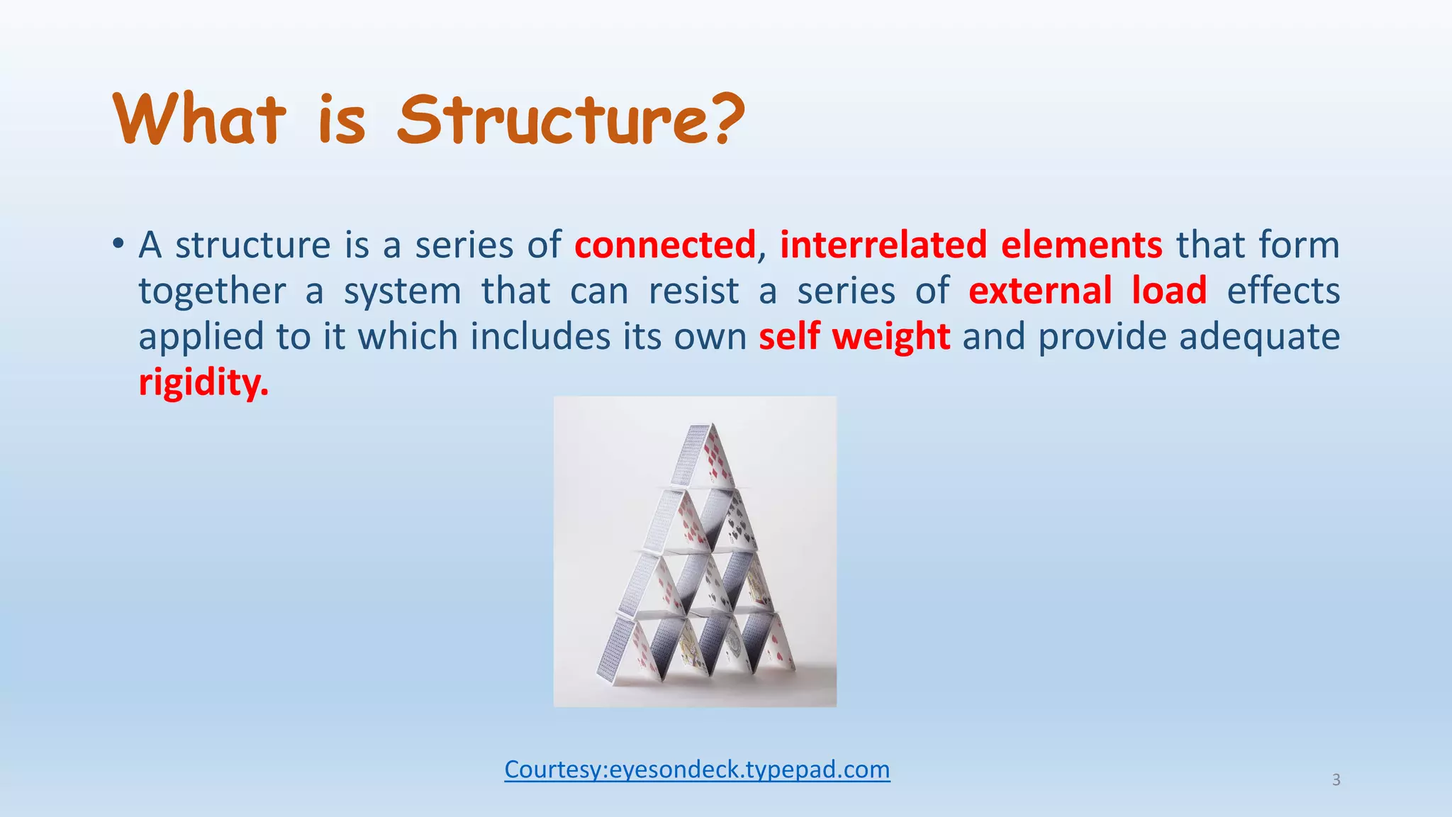 What is Structure?
• A structure is a series of connected, interrelated elements that form
together a system that can resist a series of external load effects
applied to it which includes its own self weight and provide adequate
rigidity.
Courtesy:eyesondeck.typepad.com 3
 