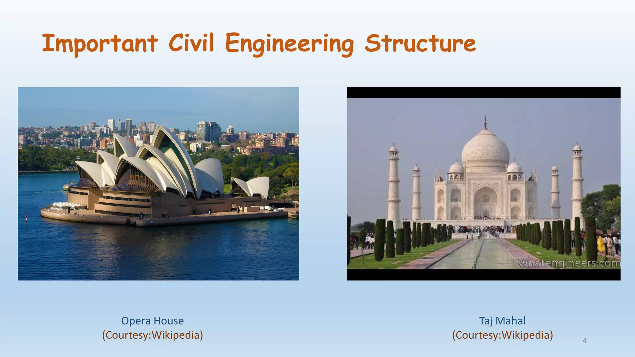 Important Civil Engineering Structure
Opera House
(Courtesy:Wikipedia)
Taj Mahal
(Courtesy:Wikipedia) 4
 