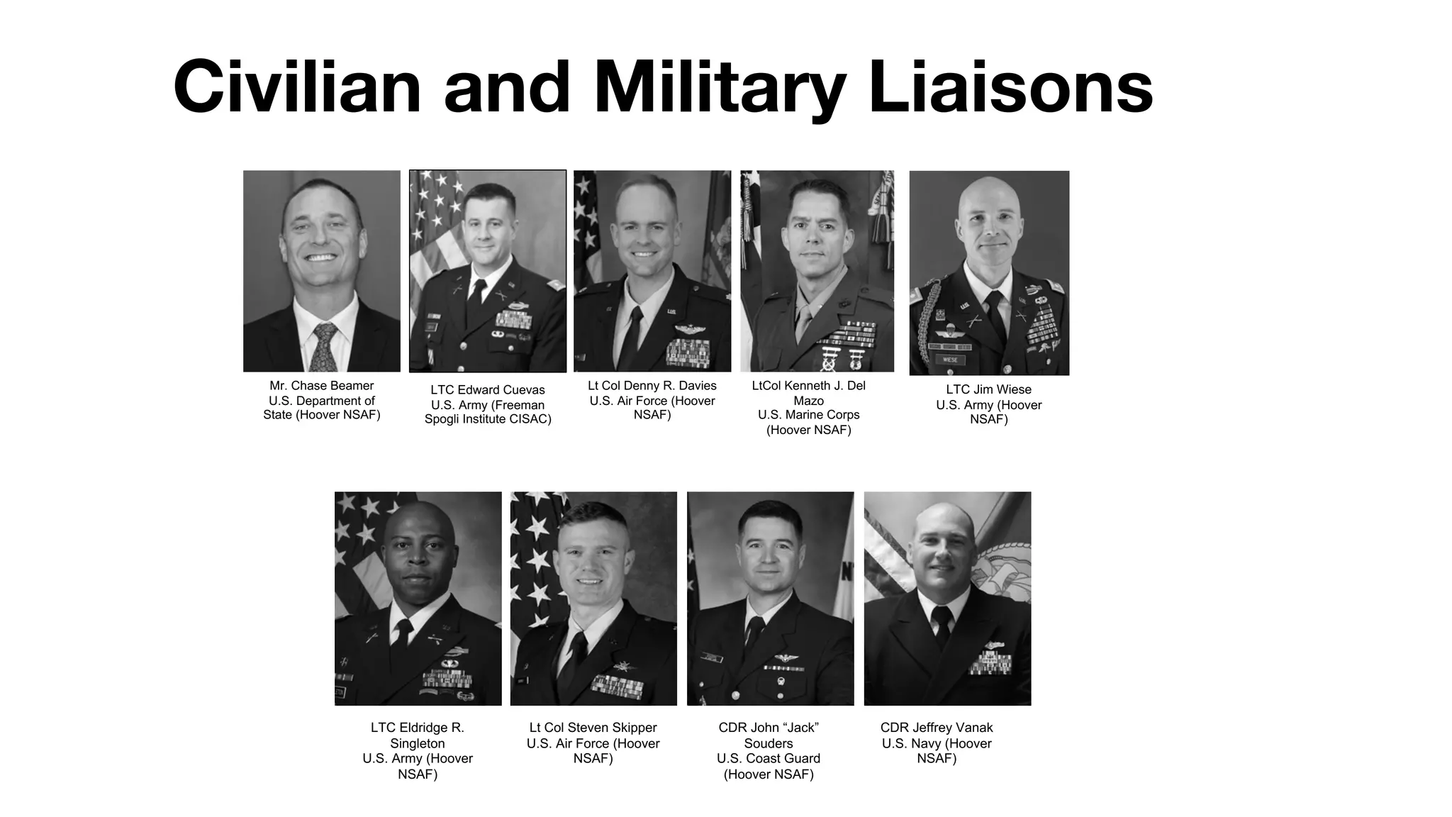 Civilian and Military Liaisons
Lt Col Denny R. Davies
U.S. Air Force (Hoover
NSAF)
LtCol Kenneth J. Del
Mazo
U.S. Marine Corps
(Hoover NSAF)
Mr. Chase Beamer
U.S. Department of
State (Hoover NSAF)
LTC Edward Cuevas
U.S. Army (Freeman
Spogli Institute CISAC)
LTC Eldridge R.
Singleton
U.S. Army (Hoover
NSAF)
Lt Col Steven Skipper
U.S. Air Force (Hoover
NSAF)
CDR John “Jack”
Souders
U.S. Coast Guard
(Hoover NSAF)
CDR Jeffrey Vanak
U.S. Navy (Hoover
NSAF)
LTC Jim Wiese
U.S. Army (Hoover
NSAF)
 