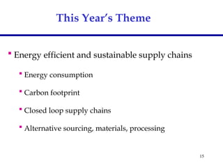 15
 Energy efficient and sustainable supply chains
 Energy consumption
 Carbon footprint
 Closed loop supply chains
 Alternative sourcing, materials, processing
This Year’s Theme
 