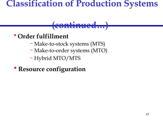 43
Classification of Production Systems
(continued…)
 Order fulfillment
– Make-to-stock systems (MTS)
– Make-to-order systems (MTO)
– Hybrid MTO/MTS
 Resource configuration
 