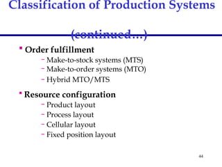 44
Classification of Production Systems
(continued…)
 Order fulfillment
– Make-to-stock systems (MTS)
– Make-to-order systems (MTO)
– Hybrid MTO/MTS
 Resource configuration
– Product layout
– Process layout
– Cellular layout
– Fixed position layout
 