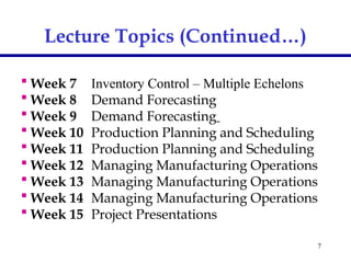 7
 Week 7 Inventory Control – Multiple Echelons
 Week 8 Demand Forecasting
 Week 9 Demand Forecasting
 Week 10 Production Planning and Scheduling
 Week 11 Production Planning and Scheduling
 Week 12 Managing Manufacturing Operations
 Week 13 Managing Manufacturing Operations
 Week 14 Managing Manufacturing Operations
 Week 15 Project Presentations
Lecture Topics (Continued…)
 