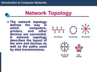 Network Topology
The network topology
defines the way in
which computers,
printers, and other
devices are connected.
A network topology
describes the layout of
the wire and devices as
well as the paths used
by data transmissions.
Introduction to Computer Networks
 