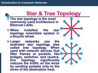 Star & Tree Topology
Introduction to Computer Networks
The star topology is the most
commonly used architecture in
Ethernet LANs.
When installed, the star
topology resembles spokes in
a bicycle wheel.
Larger networks use the
extended star topology also
called tree topology. When
used with network devices that
filter frames or packets, like
bridges, switches, and routers,
this topology significantly
reduces the traffic on the wires
by sending packets only to the
wires of the destination host.
 