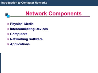 Network Components
Introduction to Computer Networks
Physical Media
Interconnecting Devices
Computers
Networking Software
Applications
 