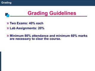 Grading Guidelines
Grading
Two Exams: 40% each
Lab Assignments: 20%
Minimum 80% attendance and minimum 60% marks
are necessary to clear the course.
 