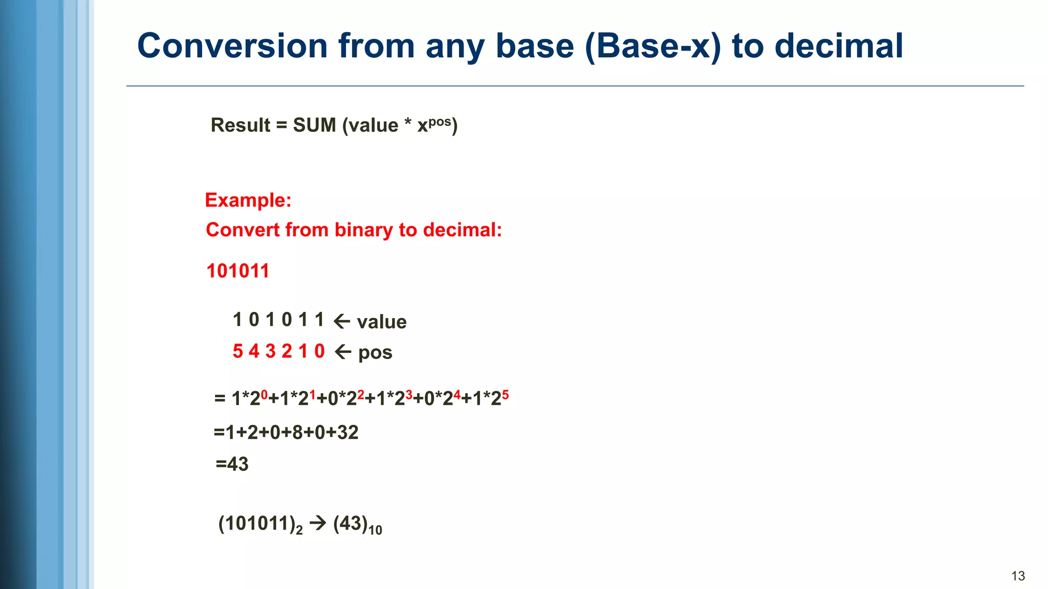 13
Conversion from any base (Base-x) to decimal
Result = SUM (value * xpos)
Example:
Convert from binary to decimal:
101011
1 0 1 0 1 1
 pos
5 4 3 2 1 0
= 1*20+1*21+0*22+1*23+0*24+1*25
=1+2+0+8+0+32
=43
 value
(101011)2 → (43)10
 