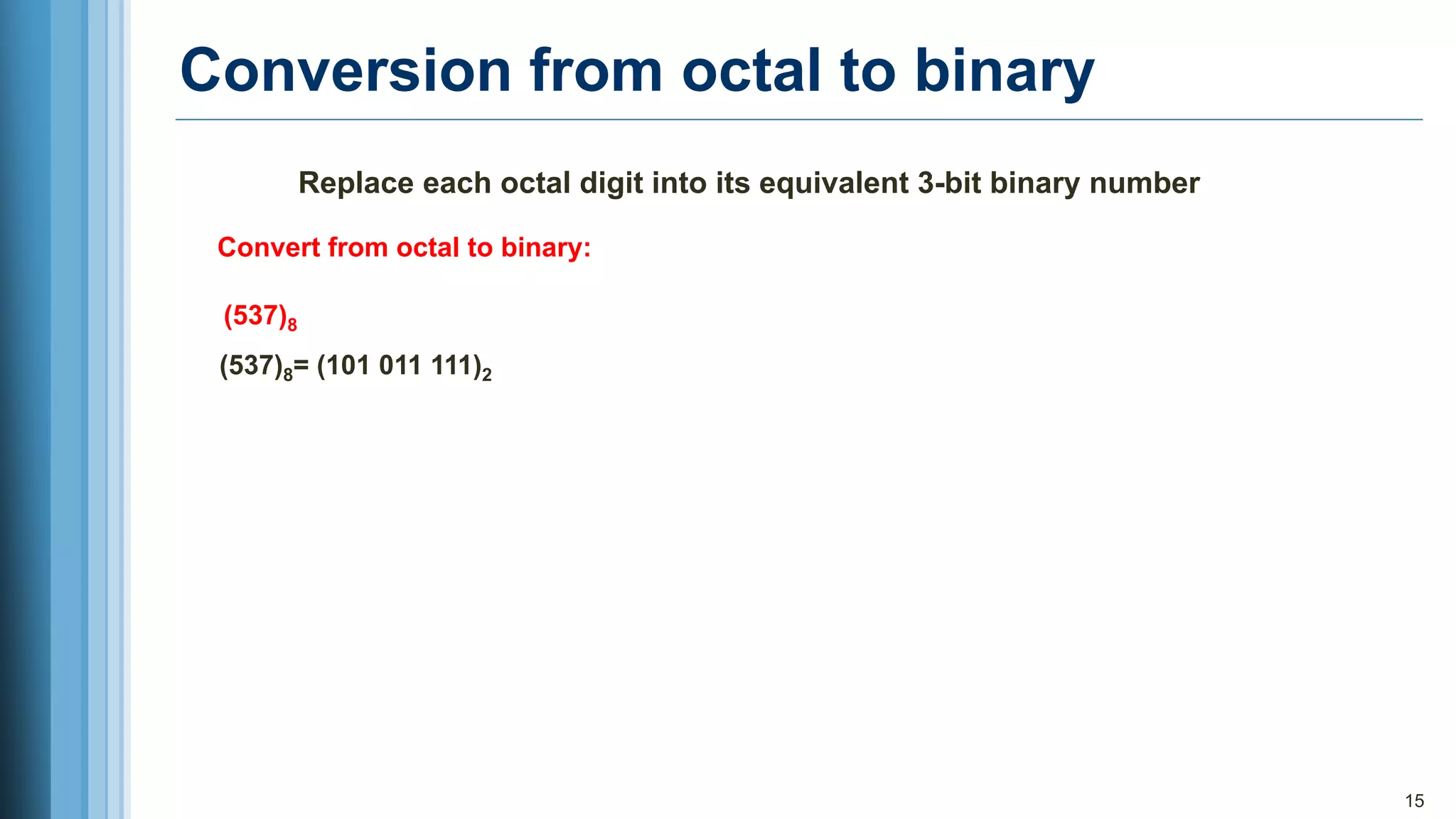 Conversion from octal to binary
15
Replace each octal digit into its equivalent 3-bit binary number
Convert from octal to binary:
(537)8
(537)8= (101 011 111)2
 