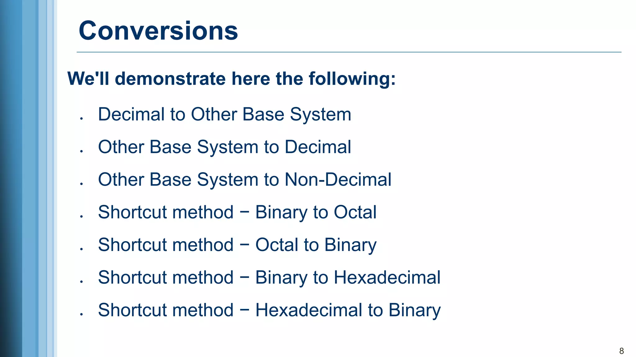 Conversions
• Decimal to Other Base System
• Other Base System to Decimal
• Other Base System to Non-Decimal
• Shortcut method − Binary to Octal
• Shortcut method − Octal to Binary
• Shortcut method − Binary to Hexadecimal
• Shortcut method − Hexadecimal to Binary
8
We'll demonstrate here the following:
 