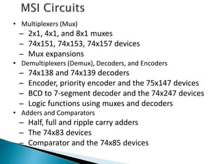 • Multiplexers (Mux)
̶ 2x1, 4x1, and 8x1 muxes
̶ 74x151, 74x153, 74x157 devices
̶ Mux expansions
• Demultiplexers (Demux), Decoders, and Encoders
̶ 74x138 and 74x139 decoders
̶ Encoder, priority encoder and the 75x147 devices
̶ BCD to 7-segment decoder and the 74x247 devices
̶ Logic functions using muxes and decoders
• Adders and Comparators
̶ Half, full and ripple carry adders
̶ The 74x83 devices
̶ Comparator and the 74x85 devices
 